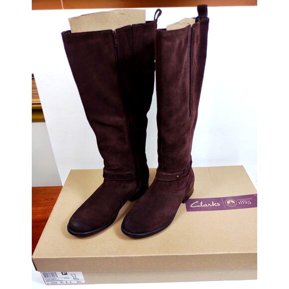 Clarks Plaza Media Rich Dark Brown Maroon Suede Knee Boots 8.5 Warm Lining - Picture 2 of 12